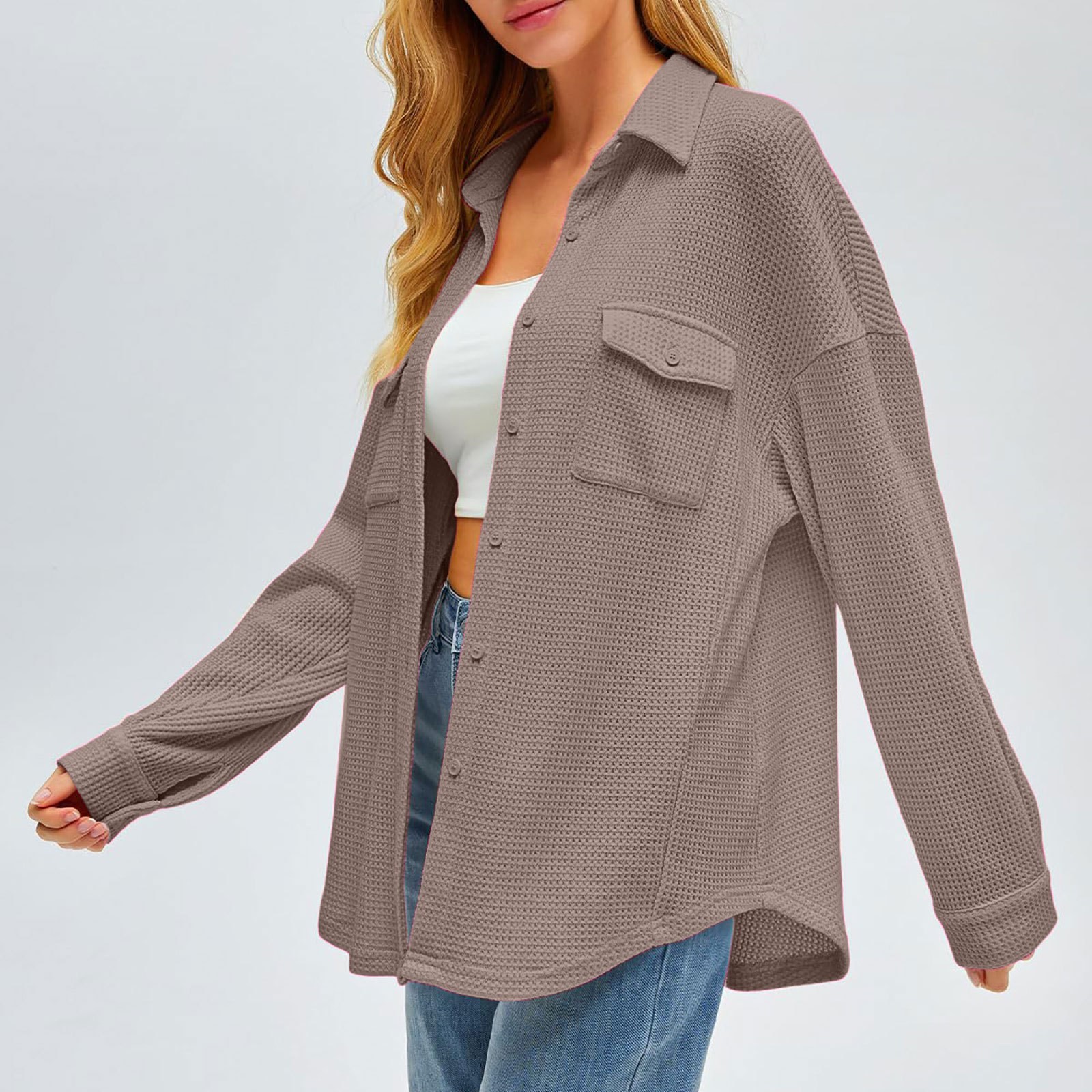 thumbnail image 5 of Camisa con bolsillos de color liso para mujer: top de punto holgado de manga larga, poliéster, versátil para primavera/otoño, tallas US 4-12, EU 34-42, 5 of 8